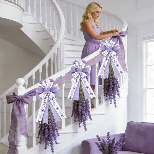Craflox Spring Summer Lavender Bow Decorations, 2 Pcs Lavender Butterfly Bows for Wreaths, Spring Summer Purple Bow Ornaments for Tree, Spring Tree Topper Bows