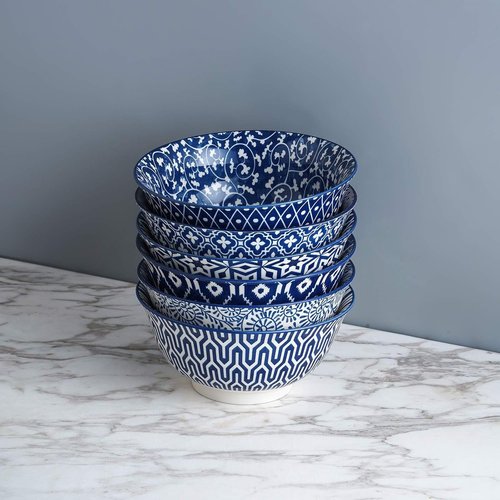Selamica 7 inches Porcelain Cereal Bowl Set - Set of 6, Soup Bowls, Ceramic bowls for Cereal, Soup, Salad and Pasta, Vintage Blue