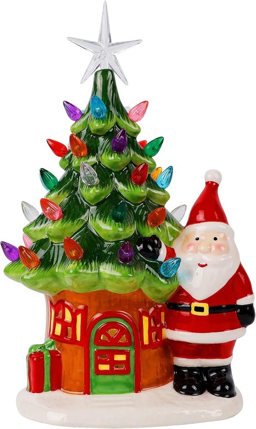 Juegoal Lighted Ceramic Christmas Tree - 11" Pre-Lit Tabletop Decorations with Santa & Multicolor Bulbs