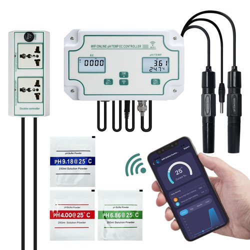 JuviPerpric 3-in-1 WiFi Smart Water Quality Tester, High Precision pH/EC/Temp Monitor with BNC Probe Real-Time APP Alerts & Data Export, pH Controller for Aquarium, Pool, Drinking Water, Lab