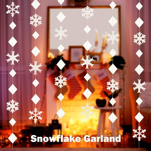 65Ft Winter Wonderland Snowflakes Decorations Glitter White Snowflake Garland- Shimmer Holographic Paper Snowflakes Streamers for Christmas Frozen Birthday Winter Wonderland Party Baby Shower Decor