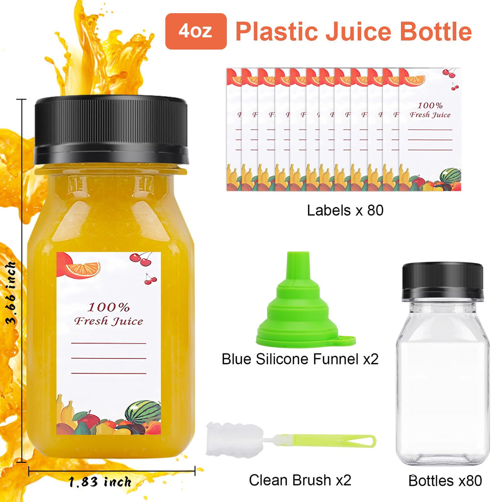 OBKJJ 80pcs 8oz Pcs Juice Bottles, Juice Bottle with Caps Reusable Empty Clear Bottles with Label, Funnel, Brush Bulk Beverage Containers for Juicing, Drinking, Smoothie and Other Beverages (8oz)