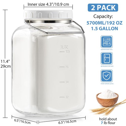 1.5 Gallon Glass Jar with airtight Lid, 2 Pack Wide Mouth Mason Jars with Sturdy Handle, Storage Containers with 2 Clear Scales(192 fl Oz/5700ML), Large Glass Jar for Pickling, Canning, Storage