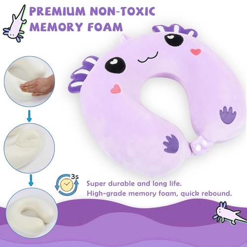 Travel Pillow, Kids Travel Pillow with Sleep Eye Mask Soft Memory Foam Kids Neck Pillow for Boys & Girls, Travel Accessories for Car Airplane Traveling - Purple Axolotl