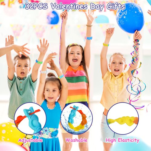 32 Packs Valentines Day Gifts for Kids School, Valentines Cards with Colorful Heart POP Bracelets for Classroom & School, Valentine's Class Gift Exchange Cards Party Favors Supplies for Boys Girls
