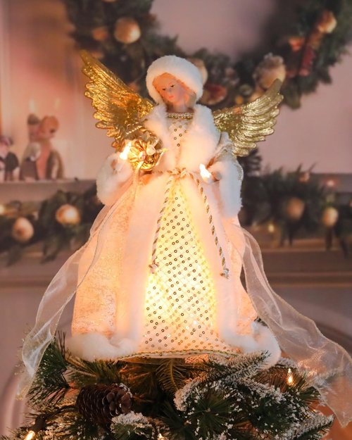 Bdor 14 Inch Christmas Tree Topper Angel - Elegant White & Gold Figurine with Lighted Wings for Holiday Décor
