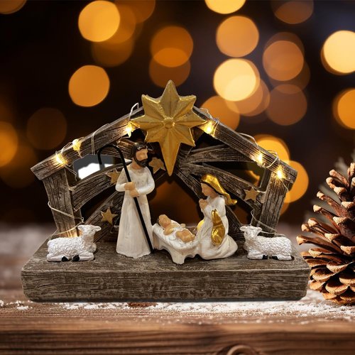 sopuatsre Nativity Scene with Lights, Sculpted Hand Painted Nativity Sets Resin Figure, First Christmas Story Decoration Holy Family Manger Little People Nativity Set for Indoor Mantle Shelf Tabletop