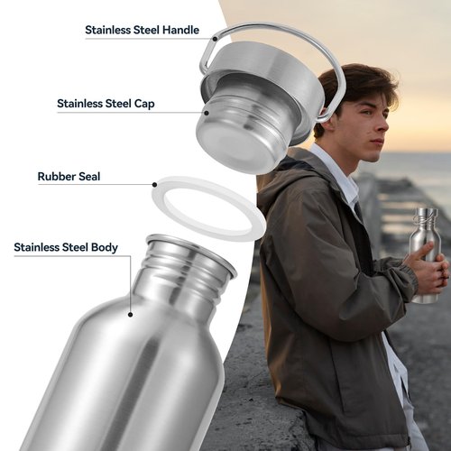 Volhoply 20oz Uninsulated Single Walled Water Bottle, Stainless Steel Reusable Water Bottles with Handle, BPA Free & Plastic Free 18/8 304 Metal Water Bottles for Camping, Hikers, Cyclists