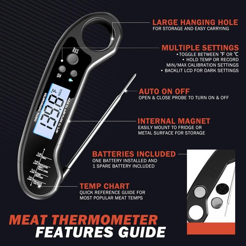 Meat Thermometer Digital, Instant Read Meat Thermometer for Grill and Cooking, with Bottle Opener, Backlight & Calibration Food Thermometer, Kitchen Gadgets for BBQ, Turkey, Candy, Liquids