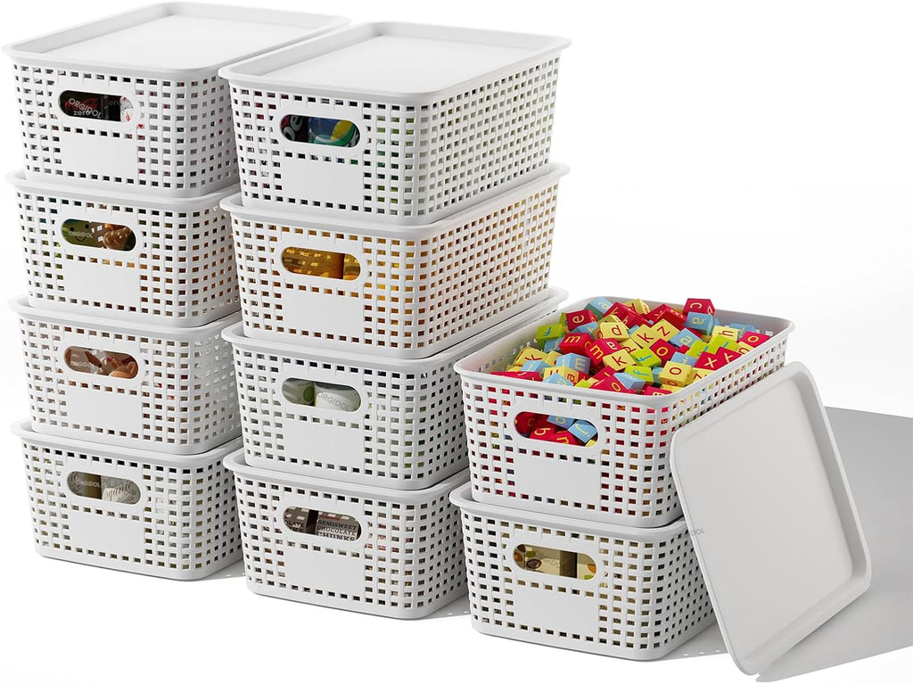 ORGIDOL Stackable Plastic Storage Baskets - 10 Pack with Lids for Organizing Home & Office | White