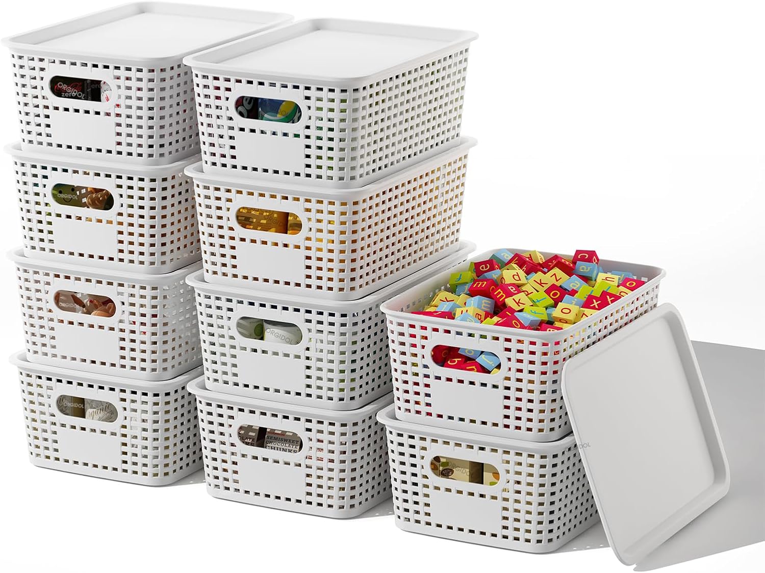 ORGIDOL Stackable Plastic Storage Baskets - 10 Pack with Lids for Organizing Home & Office | White