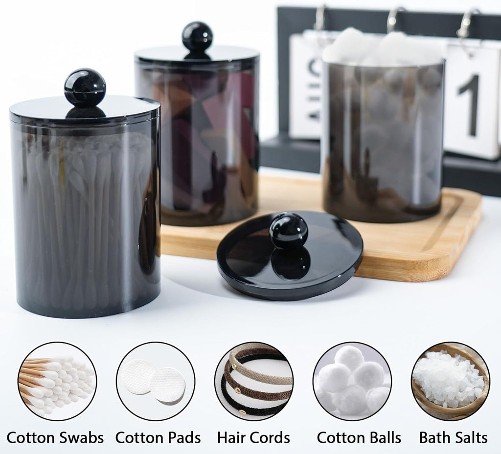XIPENGKEJI Qtip Holder Set - Stylish Apothecary Jars with Lids for Bathroom Organization | 10oz-12oz Black Canisters