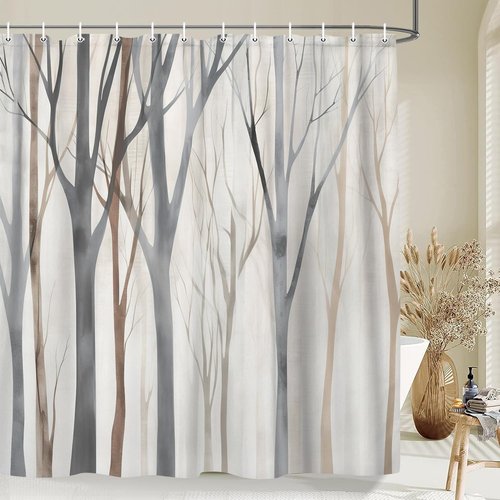 MERCHR Brown Grey Tree Fabric Shower Curtain, Art Style Abstract Birch Forest Rustic Wood Polyester Fabric Waterproof Bath Curtain, Farmhouse Bathroom Shower Curtains with Hooks 72X72 Inch