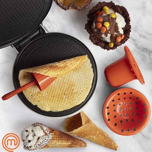 MasterChef Waffle Cone and Bowl Maker- Includes Shaper Roller & Bowl Press- Homemade Ice Cream Cone Treat Baking, Cookie Iron Machine, Portable Electric Kitchen Appliance for DIY Sundae Parties, Gift