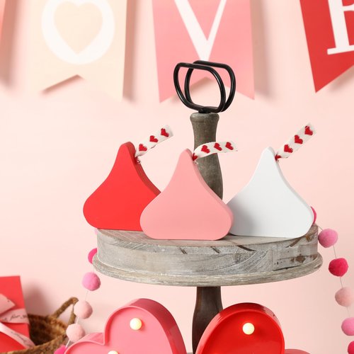 Valentine's Day Decor Kiss Signs - 3PCS Wood Candy Tiered Tray,Table Decorations Sign, Centerpieces for Valentines Day Table Mantel, Romantic Valentine's Day Wedding Party Gifts
