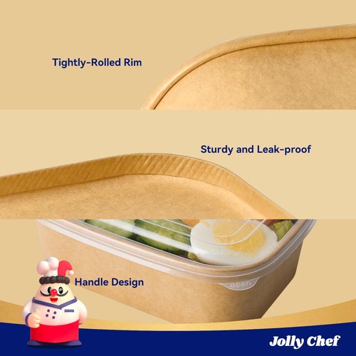 JOLLY CHEF 25 oz 50 Pack Paper Meal Prep Containers with Lids, Rectangular Disposable Food Containers, Brown Paper Bowls with Lids for Thanksgiving, Christmas, Parties