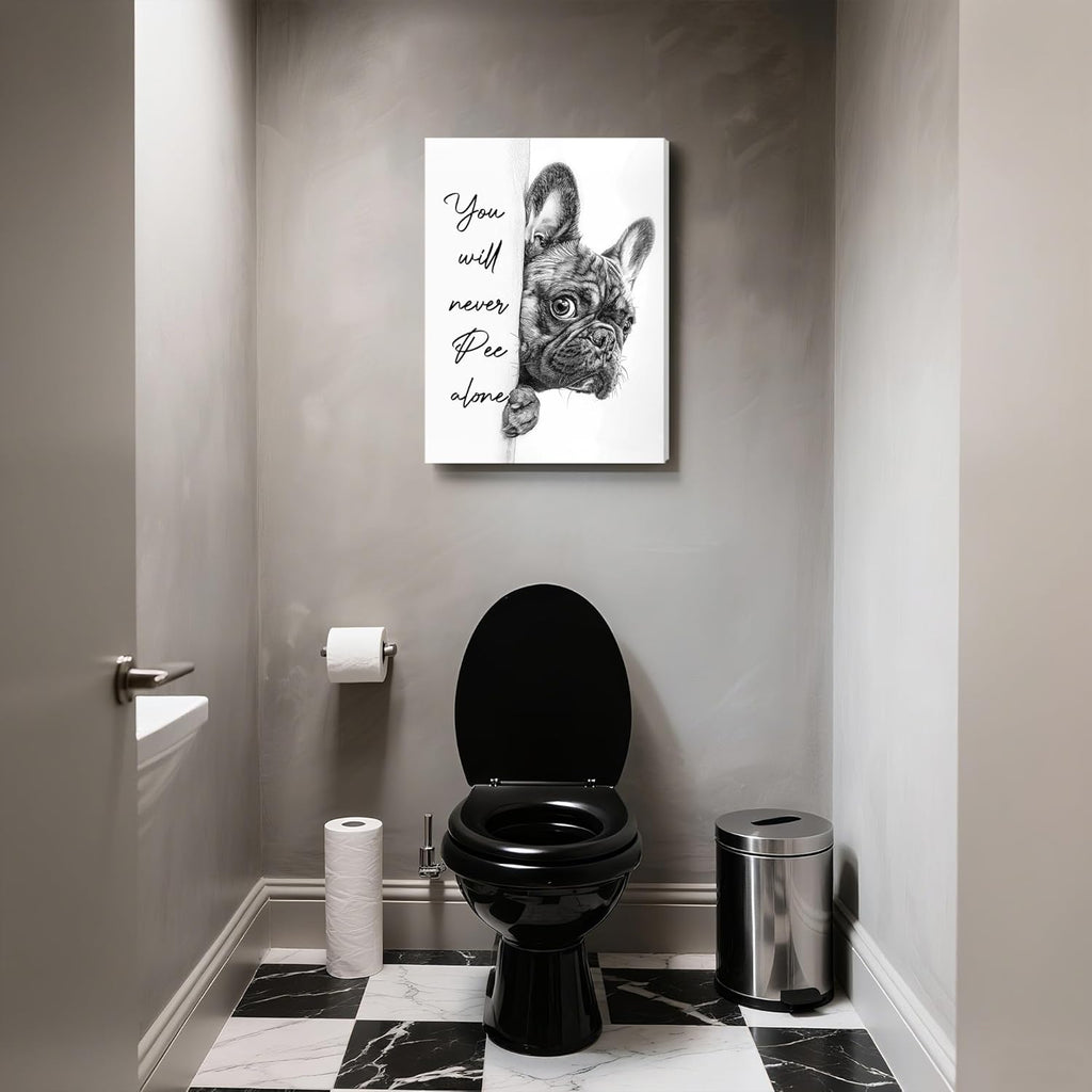 Ovczax Black And White Bathroom Canvas Wall Art - Funny French Bulldog Sign | 16" x 12" Home Decor
