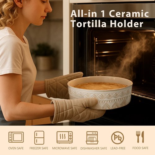 Viosuniu Ceramic Tortilla Warmer with Lid, 9 Inch Tortilla Holder, Insulated Bread & Pancake Warmer for Tacos, Roti, Large Tortillero Container, Mexican Party, Microwave and Dishwasher Safe