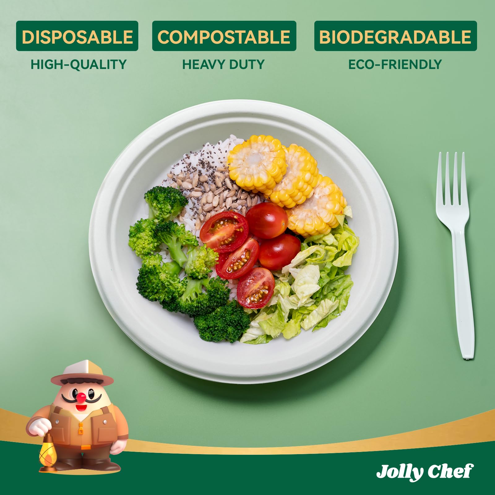 JOLLY CHEF Compostable Heavy Duty Plates 𝟳 𝗶𝗻𝗰𝗵 𝗮𝗻𝗱 𝟵 𝗶𝗻𝗰𝗵 [𝟭𝟮𝟬 𝗣𝗮𝗰𝗸] Eco-Friendly Disposable Paper Plates Bagasse Biodegradable Sugarcane for Party Hot Coold Food Christmas(White)