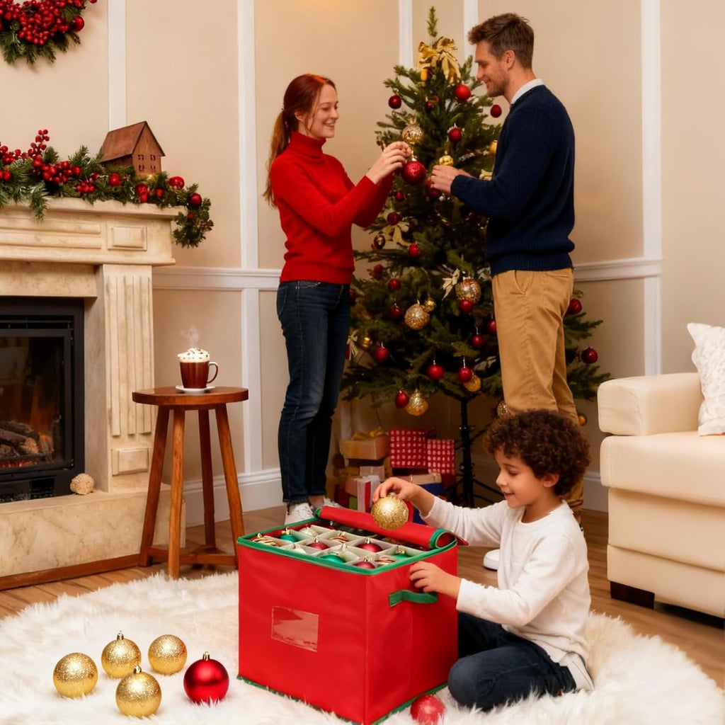 Regine Switzerland Christmas Ornament Storage Box - Holds Up To 64 Ornaments | Red Oxford Canvas With 4 Removable Trays