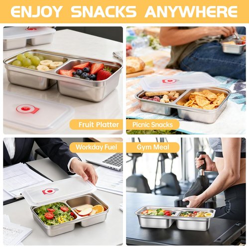 Gksuu 4 Pack Reusable Stainless Steel Snack Containers with Lids, Double Compartment Grab and Go Snack Food Storage Durable Portable for Adults Travel and Outdoor Camping Lunch Snack Boxes