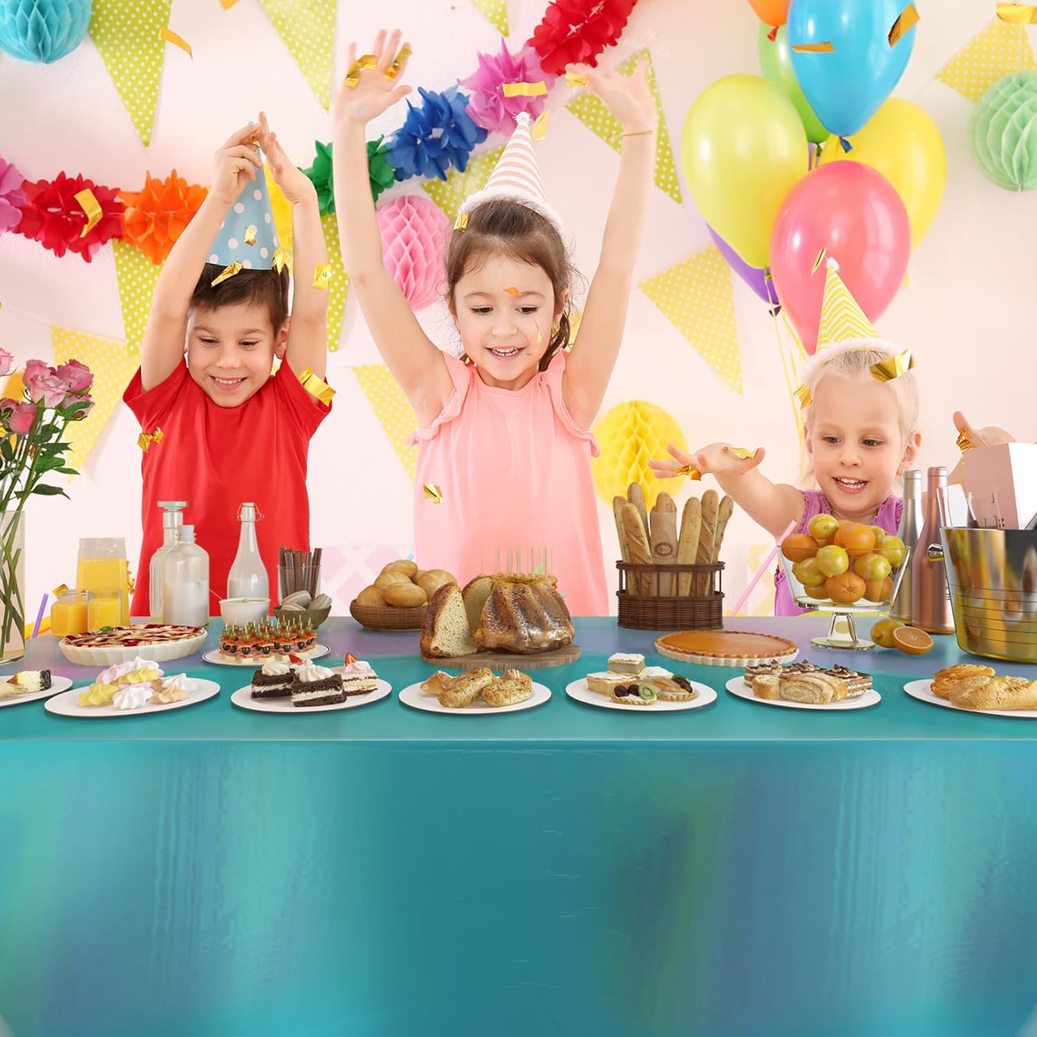 Sparkly Foil Tablecloths by Iridescent | 4 Pack Disposable Covers for Rectangle Tables - 54 x 108 Inch, Blue