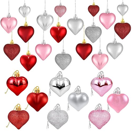 36Pcs Valentine's Day Heart Hanging Ornaments for Tree Decorations, Galentines Day Decorations Heart Shaped Baubles for Home Party Wedding Decor (Rose Red,Pink,Silver,Glitter
