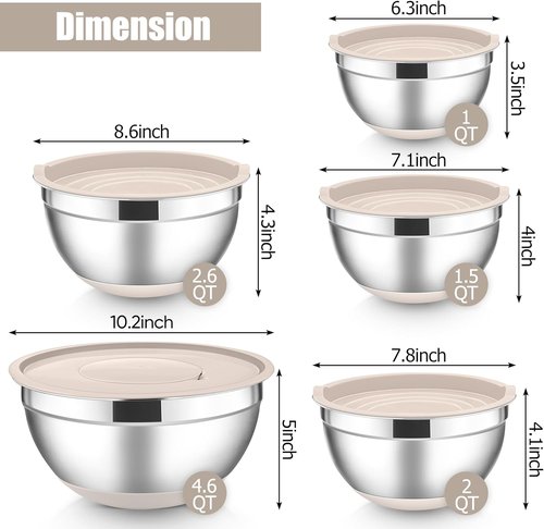 E-far Stainless Steel Mixing Bowls Set - 5-Piece Nesting Bowls with Lids & Grater Attachments | Khaki
