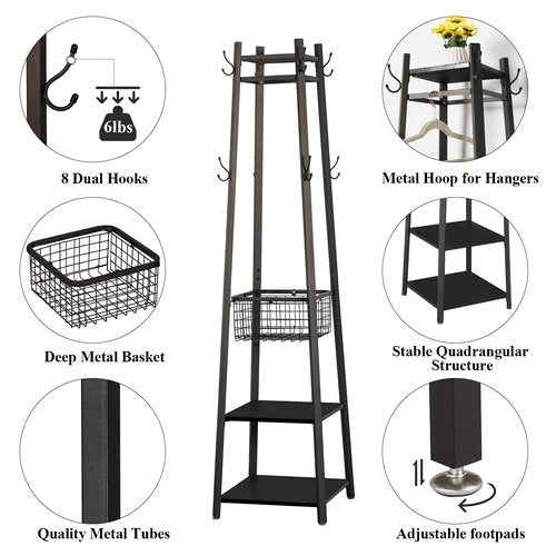 VECELO Coat Rack Freestanding,Hall Tree with Metal Basket and Storage Shelves,Industrial Coat Rack Stand with 8 Hooks for Hanging Coats/Hats/Bags/Umbrellas,18 x 18 x 72 In,Matte Black