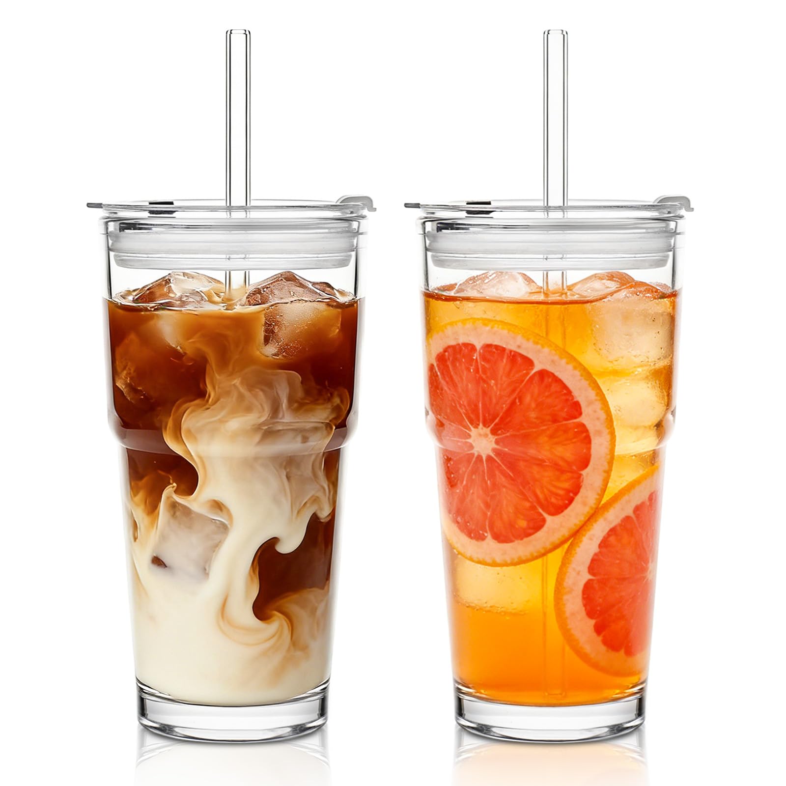 SoulTimes 20oz Glass Tumbler with Lid and Glass Straw –Set of 2, Clear Reusable Iced Coffee Cup, Drinking Glass for Coffee, Tea, Juice, Smoothies – Durable & Elegant Glassware