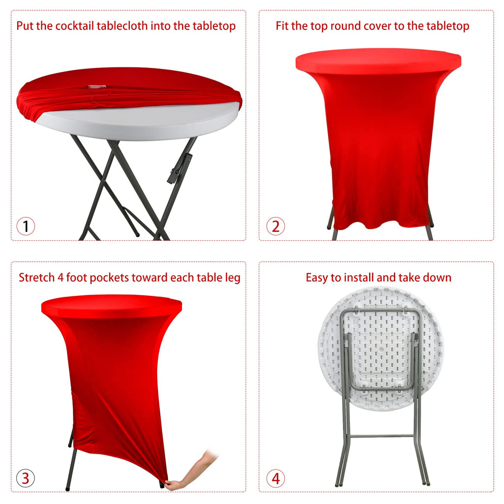 JALANCY 6 Pack Cocktail Spandex Tablecloth 32"x43" Red Stretch Square Corners Cocktail Table Cover Fitted High Top Round Table for Bar Wedding Birthday Party Banquet