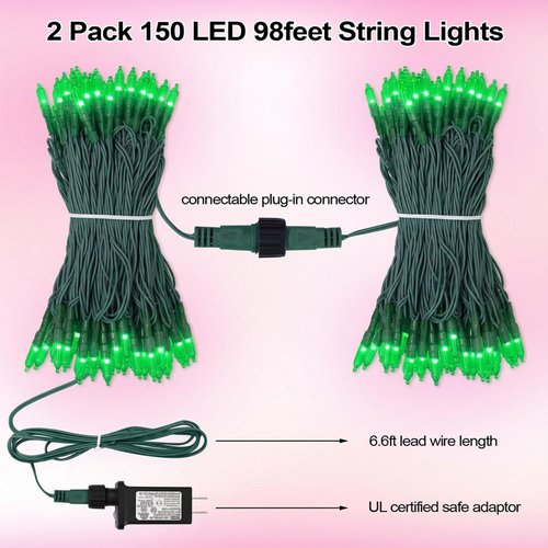 ILLUMINEW Christmas Lights - 98ft 2 Pack 150 Count Connectable Waterproof Led Fairy Lights Bulbs for Indoor Outdoor Christmas Tree Wedding Valentine's Day Decor (Green, 150 Count - 2 Pack)