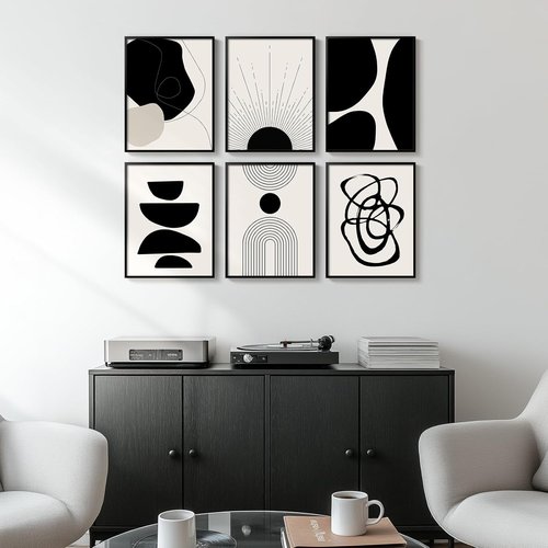 Framed Boho Black and White Abstract Wall Art - Set of 6 Modern Canvas Prints for Home Decor | 11x14 Inch