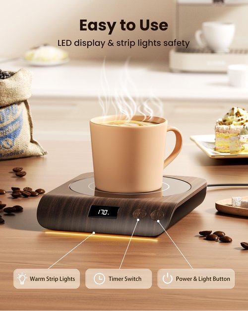 Gaiatop Coffee Mug Warmer, 3 Temperature Settings, 2-10H Auto Shut Off and Warm Strip Indicator Lights, 50W Smart Cup Warmers Fast Heating Plate for Tea Milk Cocoa Candle, Stocking Stuffers, Wood