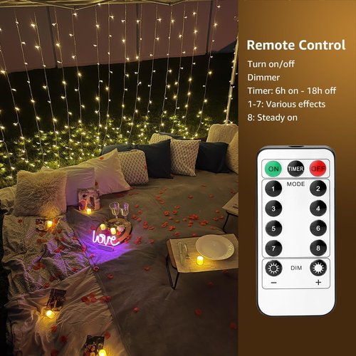 LE Fairy Curtain Lights - 300 LED Battery Operated & USB Plug-In String Lights | 10 x 10 ft for Bedroom & Events