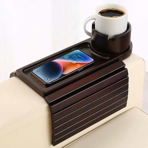 BAMTRAY Couch Cup Holder Tray, 15.75" Bamboo Cup Holder for Couch, 3 in 1 Foldable Arm Chair Clip on Side Tray Table for Remote Snack Table on Armrest