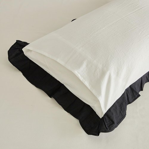 SUSYBAO Ruffle Duvet Cover Queen 100% Washed Cotton Black Ruffled Duvet Cover 3 Pieces Set 1 Cute Black White Lace Duvet Cover with Zipper Ties 2 Pillow Shams Soft Farmhouse Princess Bedding Set