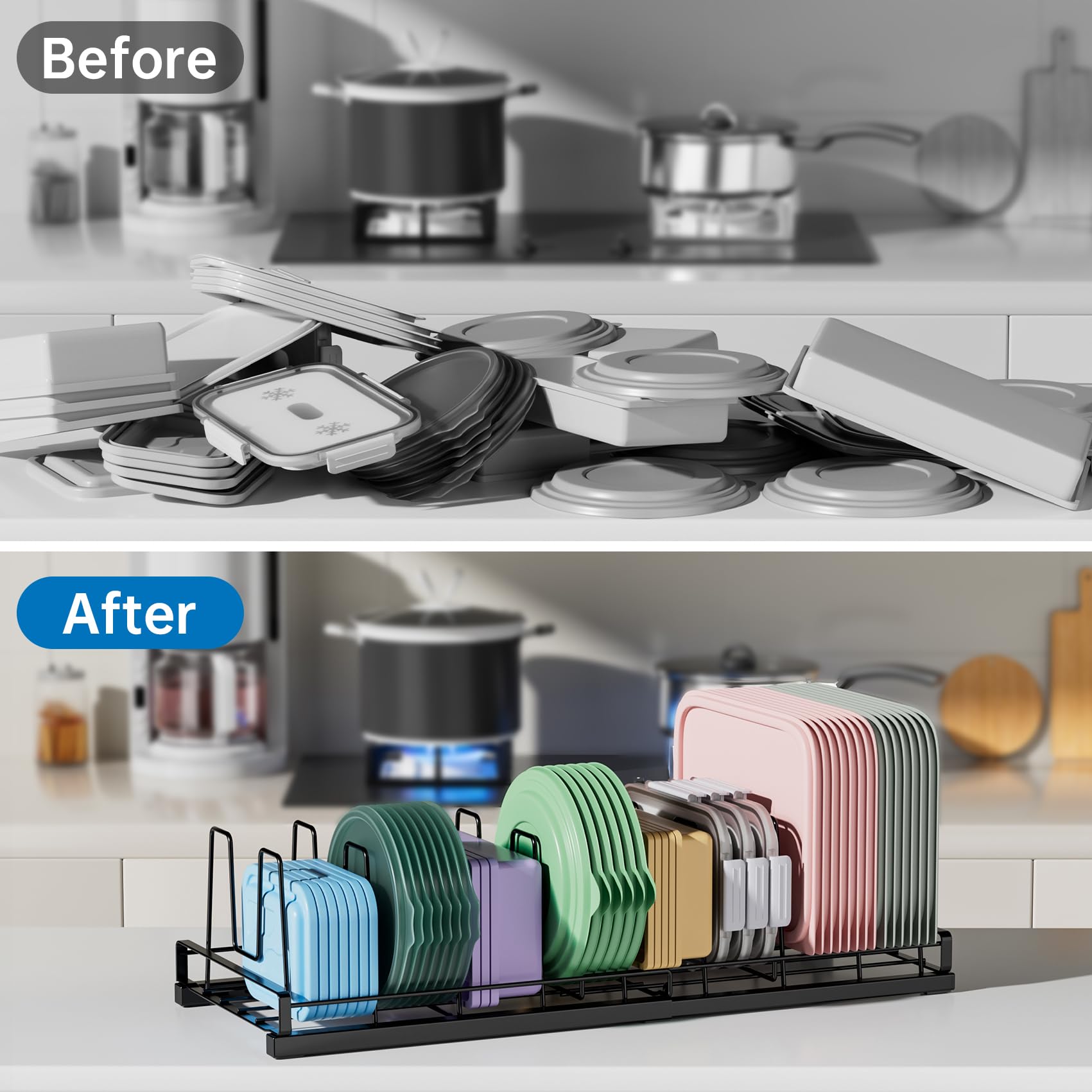 GAGUIUP Premium Adjustable Kitchen Bakeware and Pan Organizer - Food Container Lid Organizer Ideal for Cabinet, Drawers, Cupboard, Pantry Storage, Matte Black