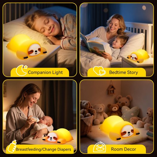 TCMOT Cute Sloth Night Light for Kids, 3-Level Dimmable Nursery Nightlight, Silicone Squishy Light Up Sloth Gifts, Rechargeable Bedside Touch Lamp for Breastfeeding Toddler Baby Kids Decor