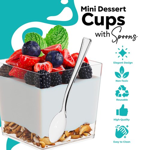 Exquisite Mini Dessert Cups With Spoons 1000 Pcs - 3.6 Oz Square Plastic Dessert Cups Disposable With Tasting Spoons 500 Sets | Mini Parfait Cup | Appetizer Cup For Party