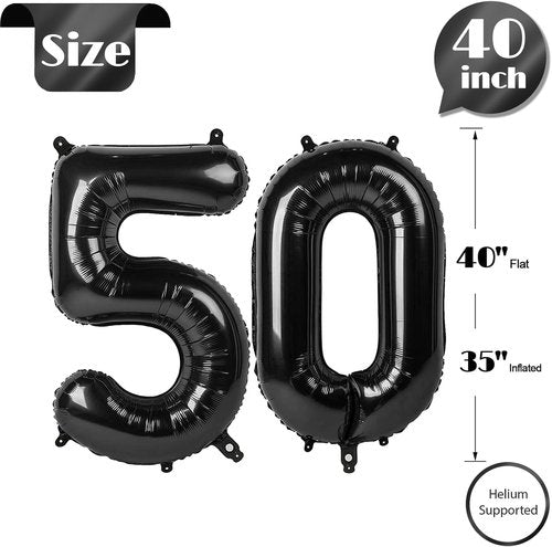 Black Number 50 Balloon - 40 Inch Giant Foil Balloon for 50th Birthday Party Decorations