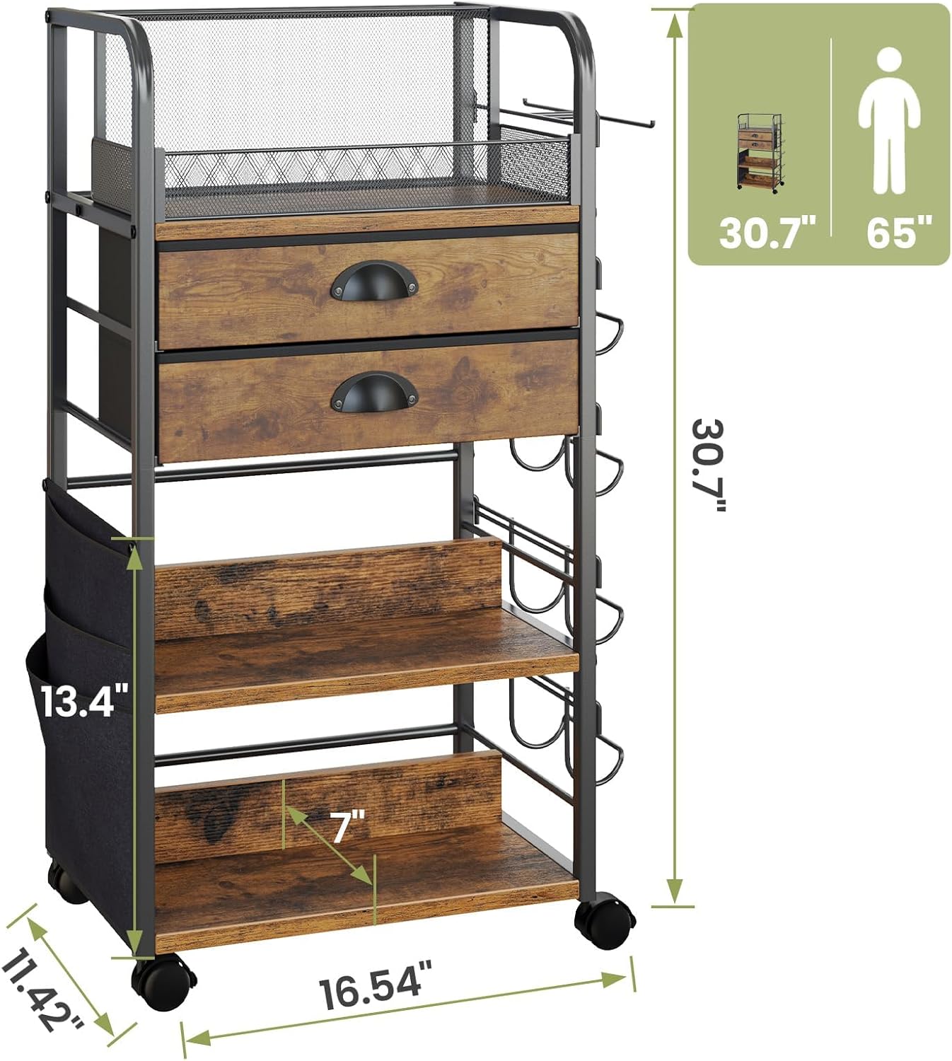 Wrapping Paper Storage Cart - Rolling Organizer with 2 Fabric Drawers & Side Pockets | Lockable Wheels for Gift Bags & Ribbons