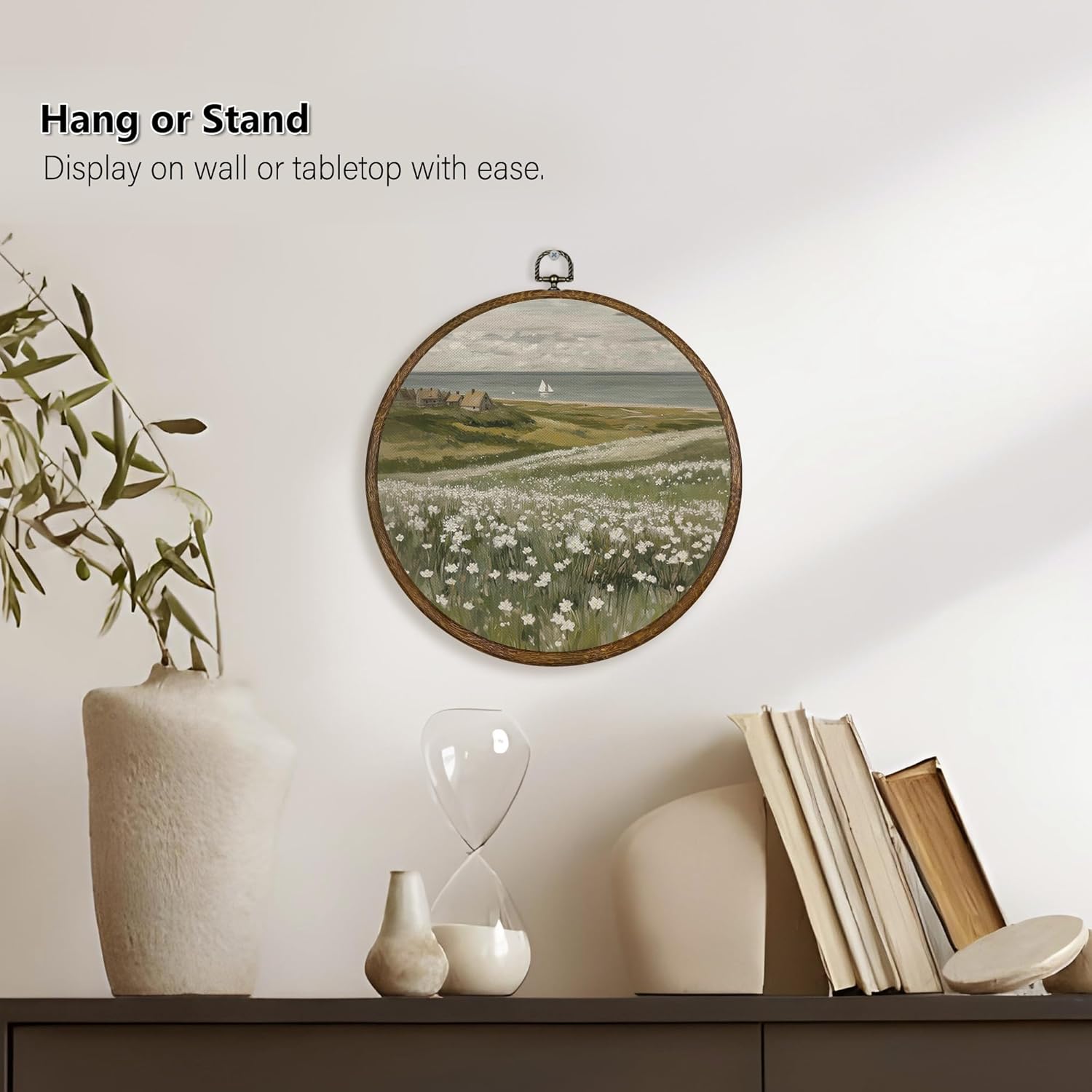 Qskjre Vintage Floral Meadow Wall Art - Coastal Round Wood Framed Canvas Decor | 10x10 Inch Farmhouse Print