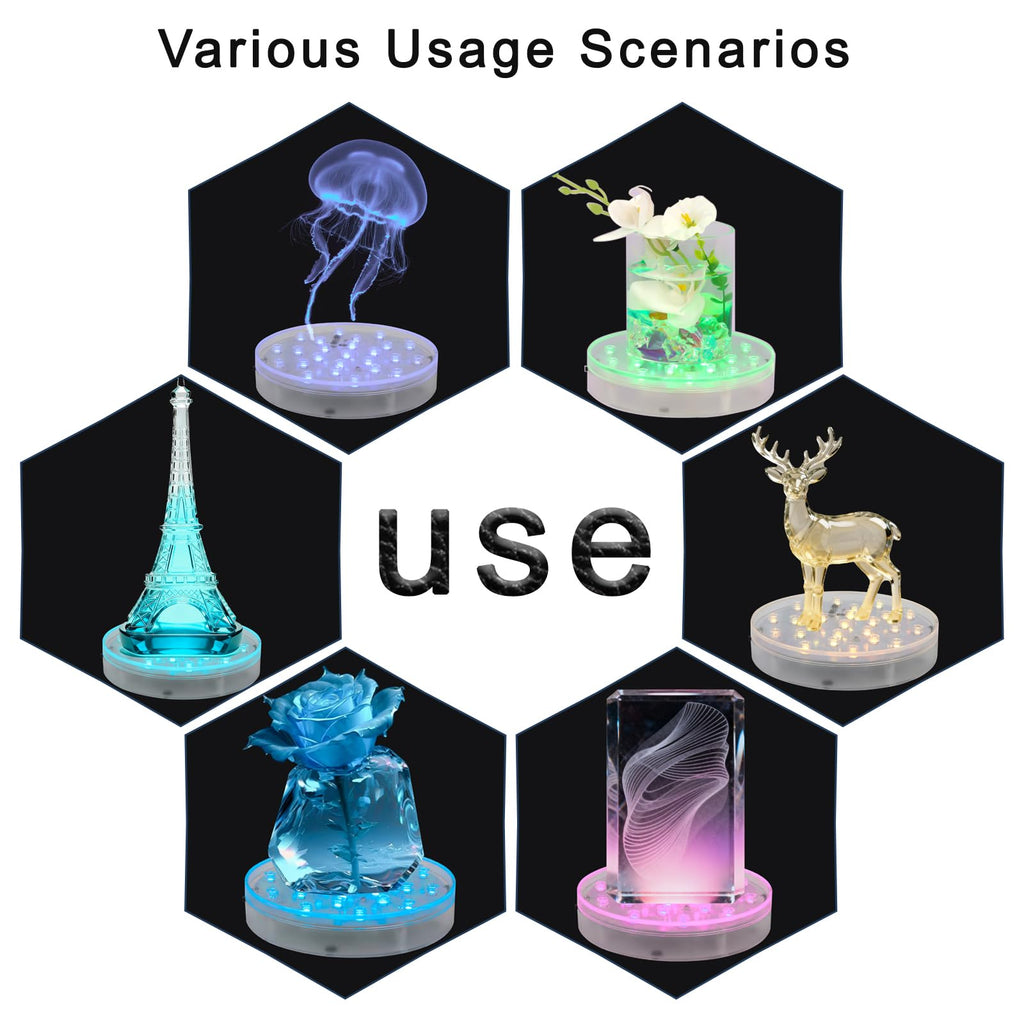 LARDUX Pack of 4 LED Lights Base with Remote - 6-inch Round Lights Display Stand for Effiel Tower Vase Crystal Glass Art LED Pedestal Base - Charging USB or Battery Powered