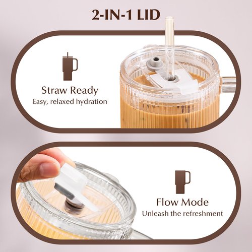 GOSCHE 26oz Glass Tumbler with Straws and Lids, Ribbed Iced Coffee Cups, Thickened Glass Cups Set Ideal for Coffee, Smoothies, Cocktails, and Juices, Clear, 2 Pack