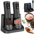 Veiliss 2pcs Electric Salt and Pepper Grinder Set With Battery Display Rechargeable Base, External Adjustable Coarseness, Automatic Ceramic Salt & Pepper Shakers Mills (Black Pro)