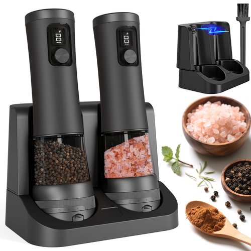 Veiliss 2pcs Electric Salt and Pepper Grinder Set With Battery Display Rechargeable Base, External Adjustable Coarseness, Automatic Ceramic Salt & Pepper Shakers Mills (Black Pro)
