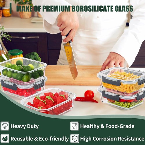 CEKEE Glass Meal Prep Containers - Airtight 36 OZ Food Storage Set | 5 Pack, Microwave & Dishwasher Safe