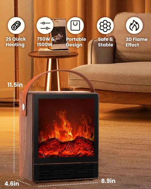 Electric Fireplace Heater with 3D Realistic Flame, 1500W/750W Adjustable Space Heater, Double Safety Protection, Walnut Wood Finish Portable Indoor Fireplace for Home & Office Christmas Decoration