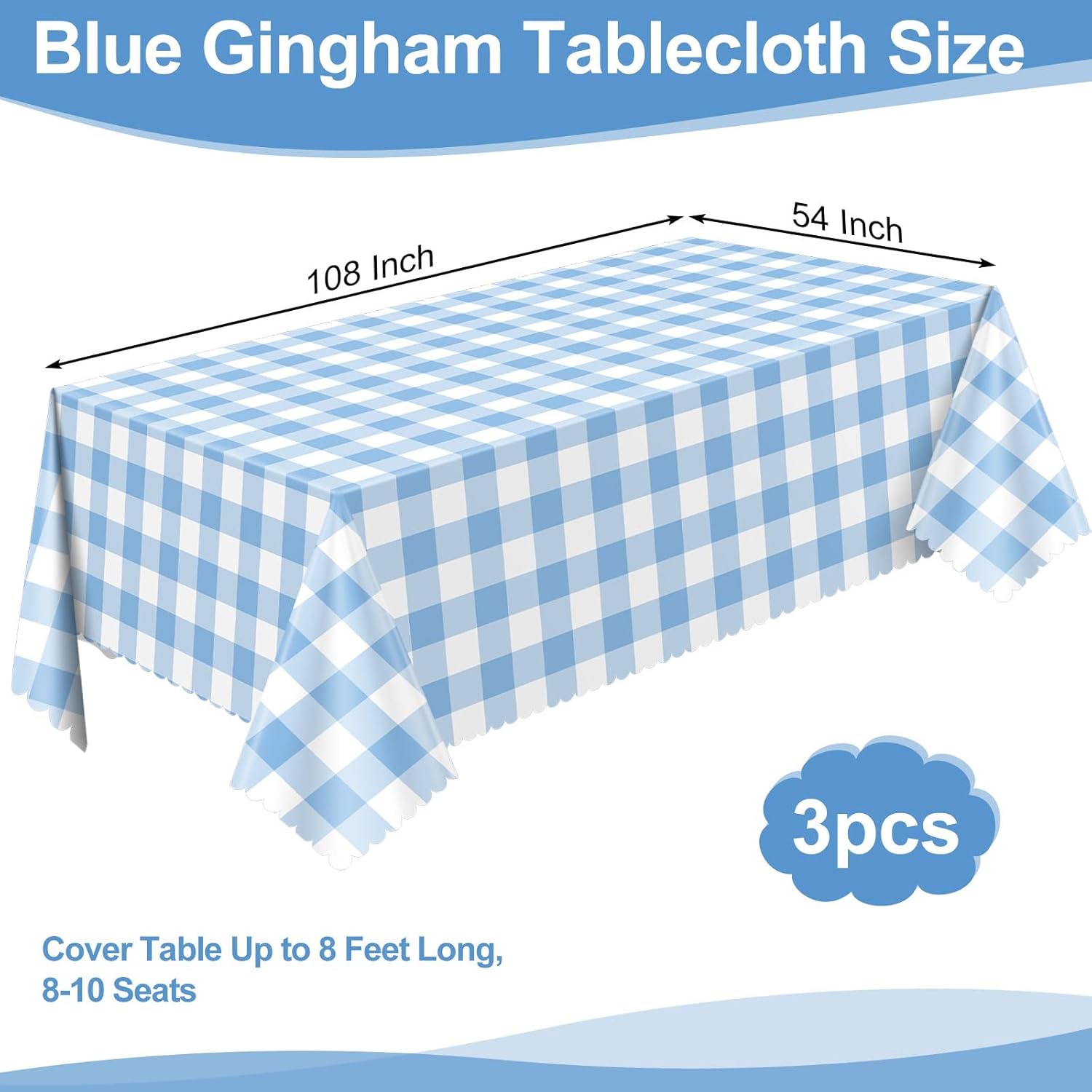Skiennix Blue Gingham Tablecloths - 3 Pack | 54 x 108 Inch Scalloped Design for Parties & Events